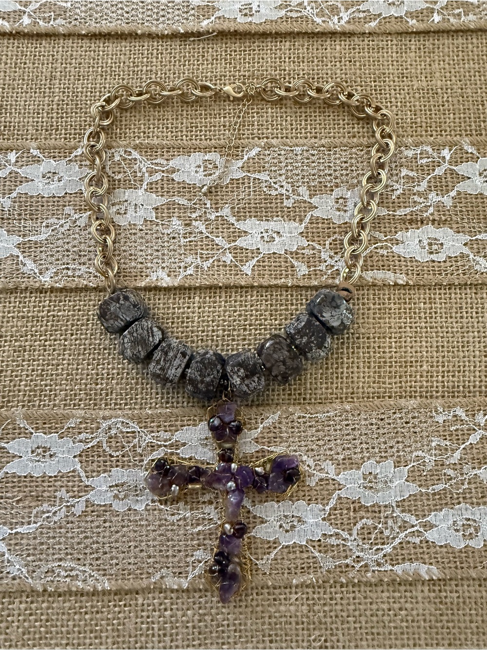 Gold Chain Necklace with Amethyst Cross Pendant